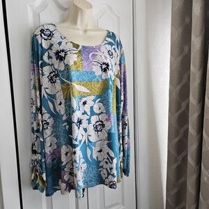 Susan Graver Teal Floral & Geometric Long Sleeve Scoop Neck Top Sz 2X